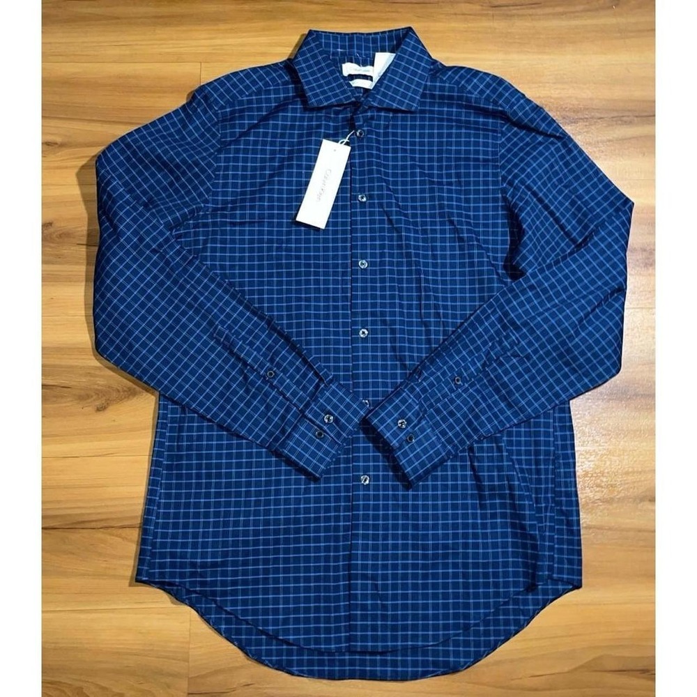 Mens NWT Calvin Klein Slim Fit Blue Plaid Casual Dress Shirt